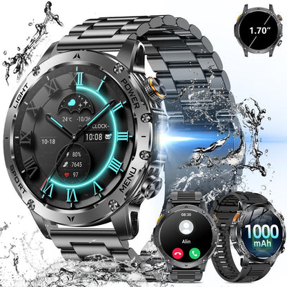 Men's Military Style Smartwatch with 1100mAh Battery, 1.7" AMOLED Display, LED Flashlight, IP68 Waterproof, Fitness Watch with Call Function, 110+ Sports Modes, Heart Rate/Sleep Monitoring, Compatible with iOS and Android