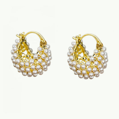 💎 Faux Pearl Basket Hoop Earrings: Gold-Tone, Weave Design, Secure Clasp, French Elegance