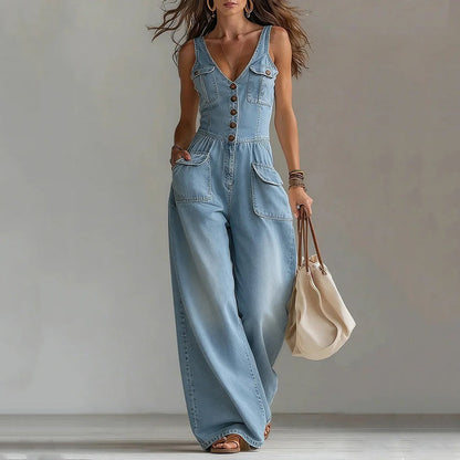 👖 LIMITED-TIME 50% OFF! ✨ Women's Denim Jumpsuit – Sleeveless, V-Neck, Wide-Leg 💫