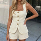👚 LIMITED-TIME 50% OFF! ✨ Square Neck Vest & Shorts Set – Elegant Neckline, Gold Buttons, Structured Fit 🥂
