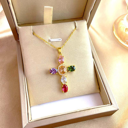 Women's Colorful Zircon Cross Pendant Necklace