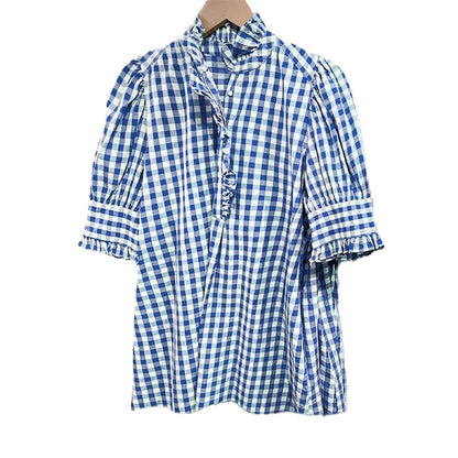 Women's Plaid Ruffle Collar Puff Sleeve Top