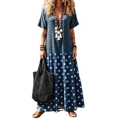 Women's Boho V-Neck Mixed Print Maxi Dress