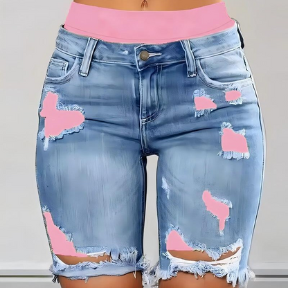 🩳 LIMITED-TIME 50% OFF! 💥 Women's Distressed Denim Shorts with Colorful Leggings Set – High-Stretch, Layered, High-Waist ✨