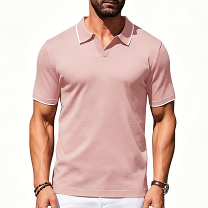 Men's Casual V-Neck T-Shirt Contrast Trim Short Sleeve Summer Top