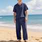 Men's Casual Linen Blend Shirt and Pants Set Loose Fit Beach Wear