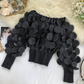 👗 LIMITED-TIME 50% OFF! ✨ Off-Shoulder Fitted Top – 3D Floral Appliqués, Smocked Waist, Balloon Sleeves 🌸