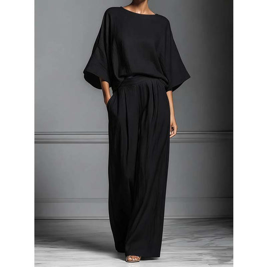 Women's Two-Piece Loose Fit Top and Wide-Leg Pants Set