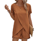 📢📢50% OFF !! ⏰Solid Color Short Sleeve Wrap Top and Shorts Lounge Set