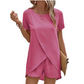 📢📢50% OFF !! ⏰Solid Color Short Sleeve Wrap Top and Shorts Lounge Set