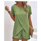 📢📢50% OFF !! ⏰Solid Color Short Sleeve Wrap Top and Shorts Lounge Set