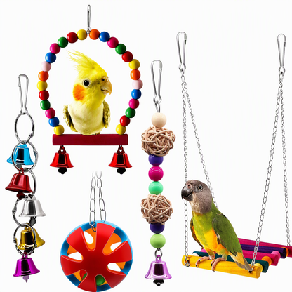 Parrot Toy Set with Swing Perch and Chewing Toys for Bird Cage Decoration and Boredom Relief